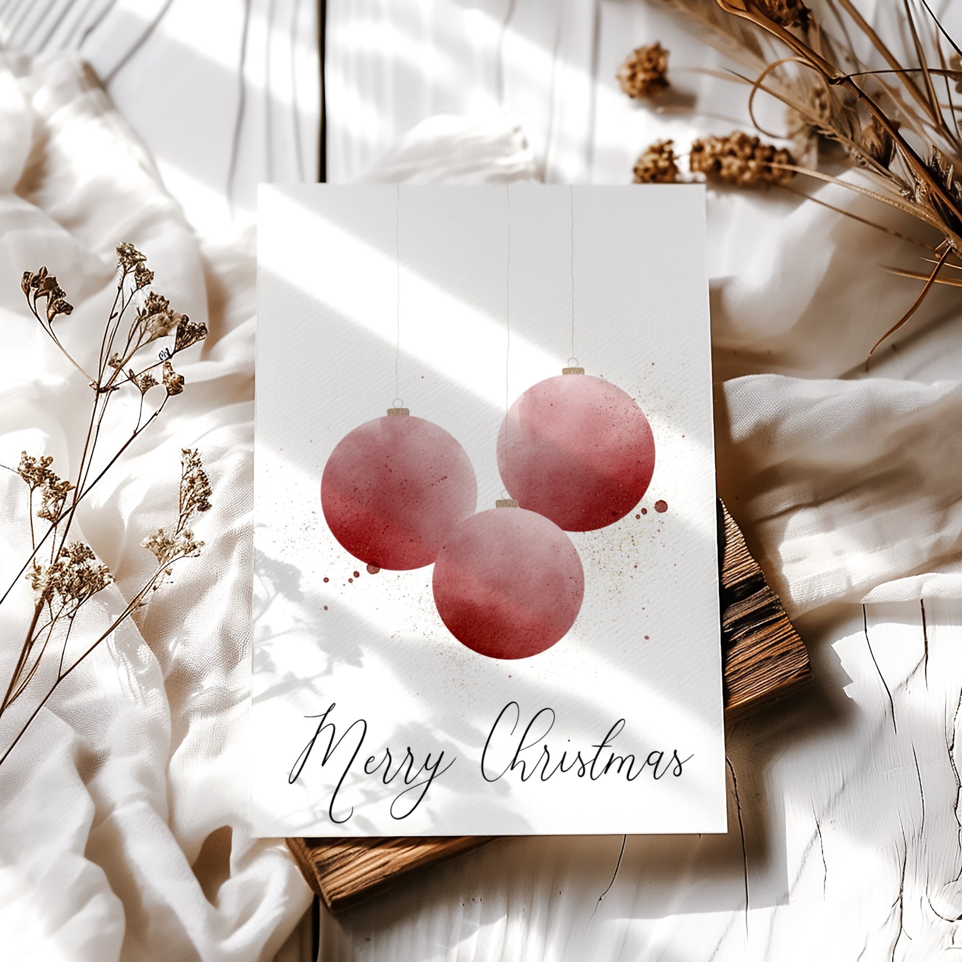 Printable Christmas Card - Red Ornament Watercolor Design
