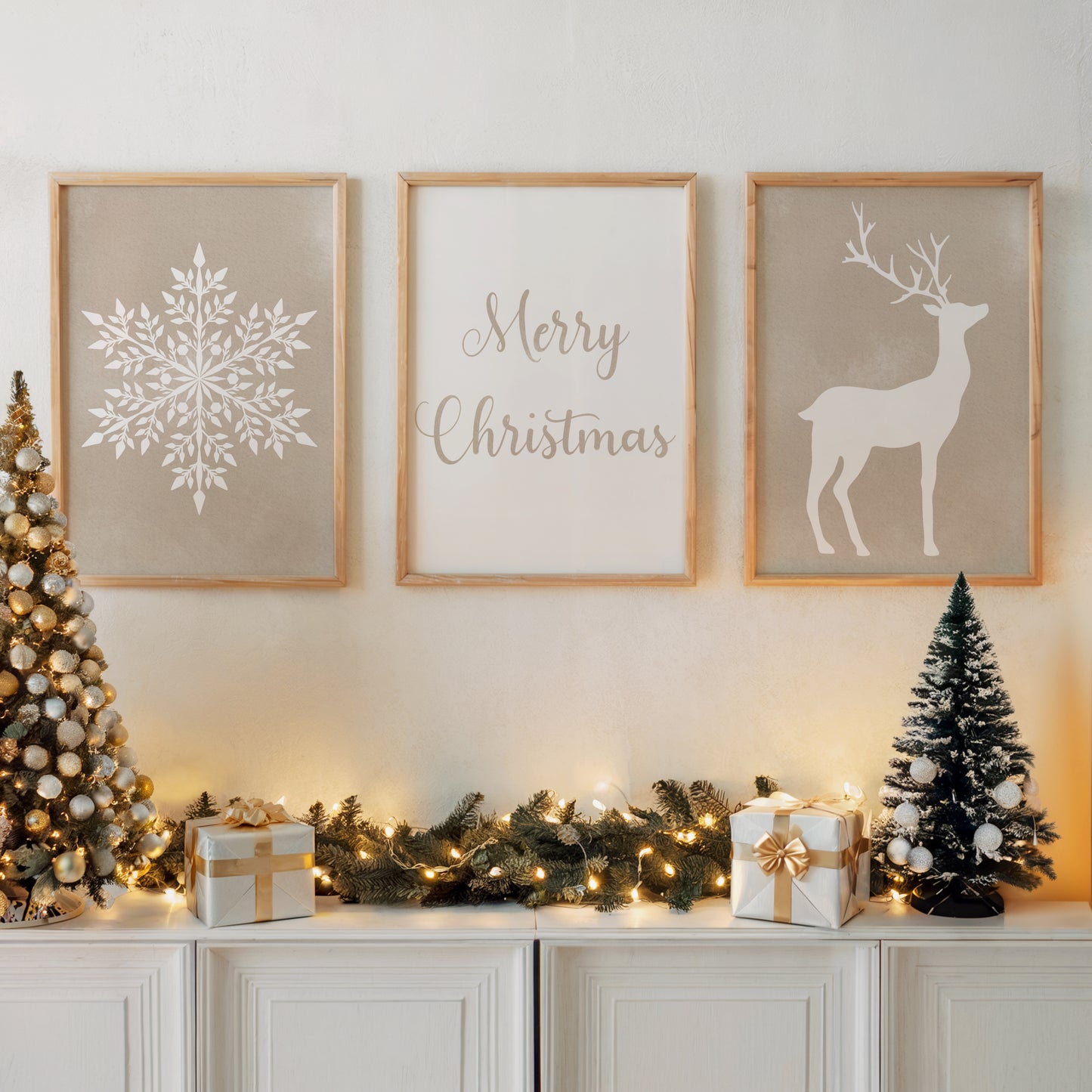 Christmas Art Set with Snowflake, lettering and Deer – Printable Wall Art