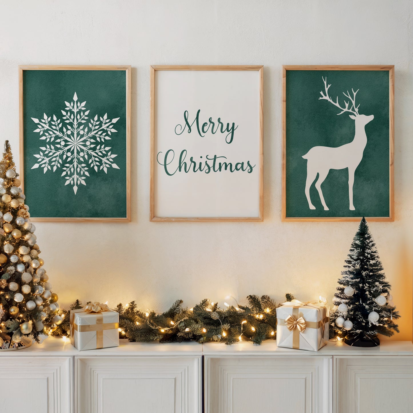 Christmas Art Set with Snowflake, lettering and Deer – Printable Wall Art