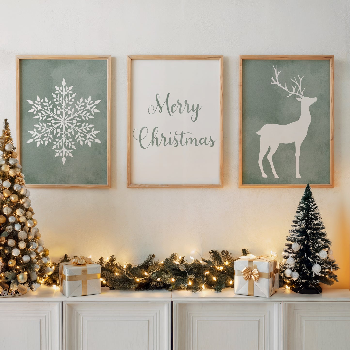 Christmas Art Set with Snowflake, lettering and Deer – Printable Wall Art