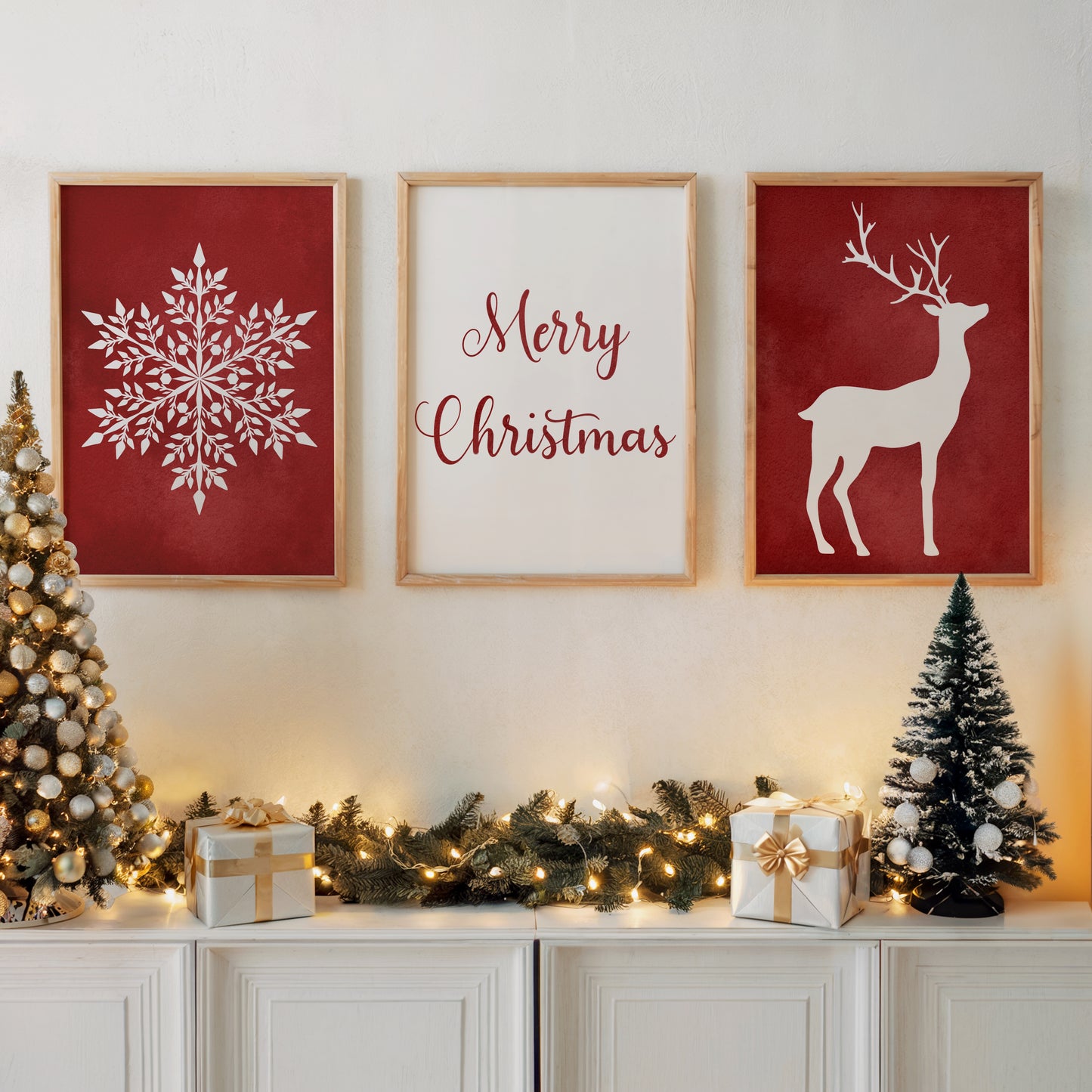 Christmas Art Set with Snowflake, lettering and Deer – Printable Wall Art