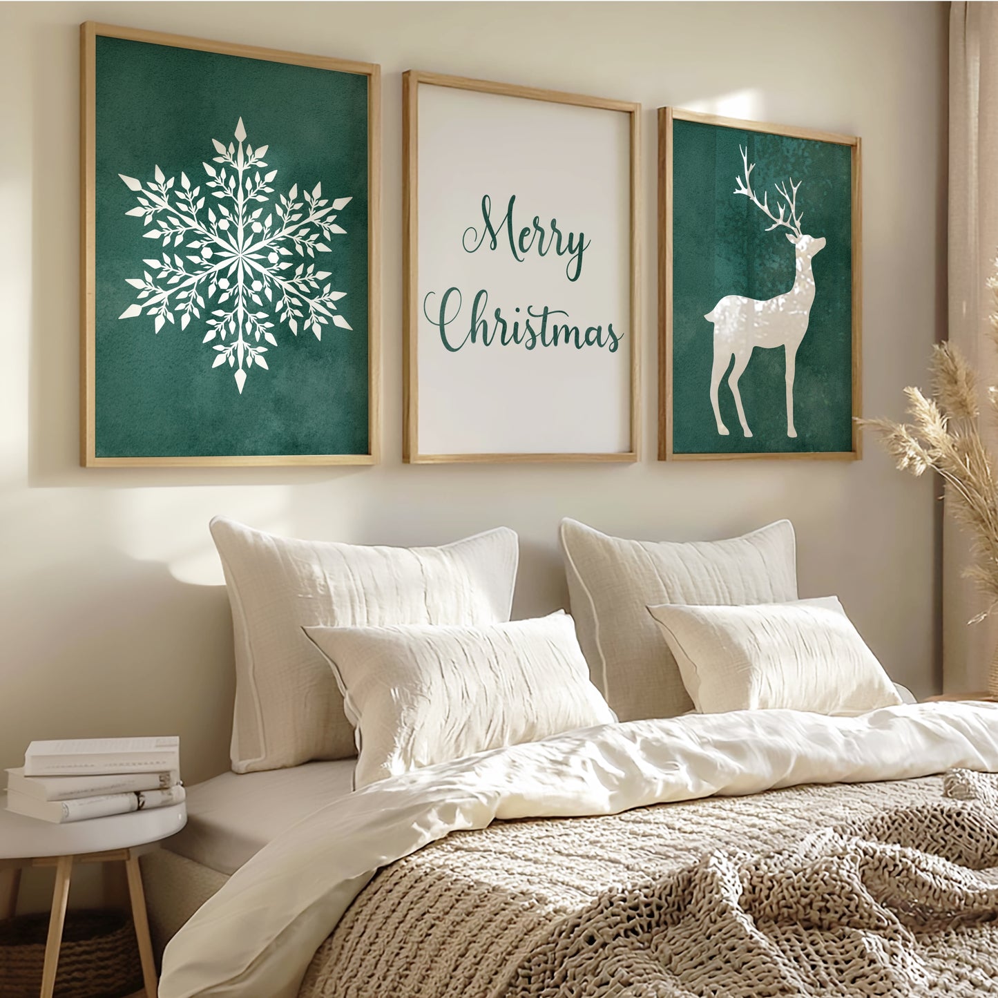 Christmas Art Set with Snowflake, lettering and Deer – Printable Wall Art