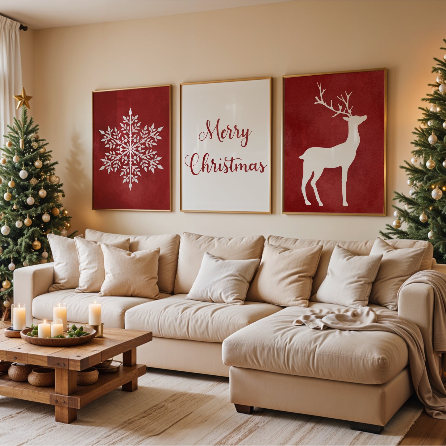 Christmas Art Set with Snowflake, lettering and Deer – Printable Wall Art