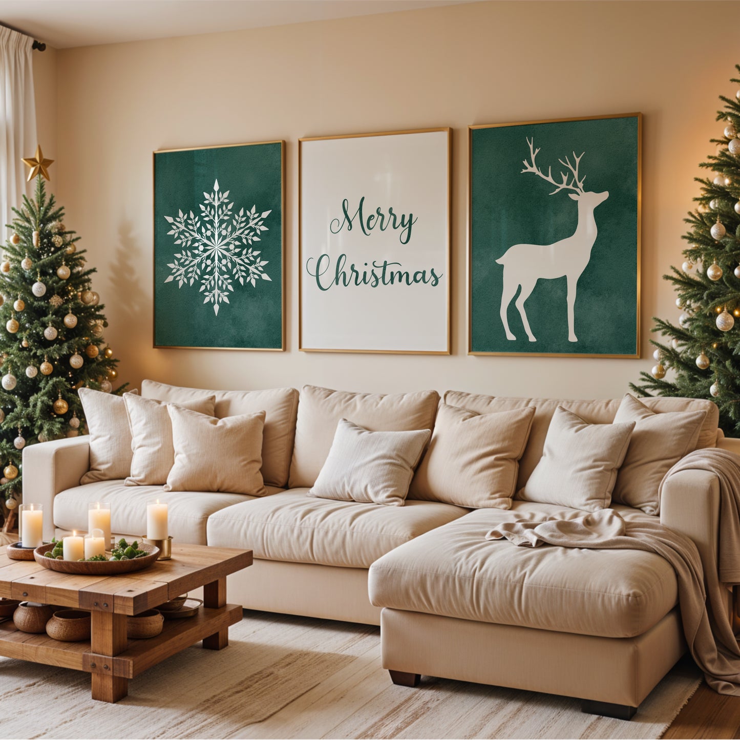 Christmas Art Set with Snowflake, lettering and Deer – Printable Wall Art