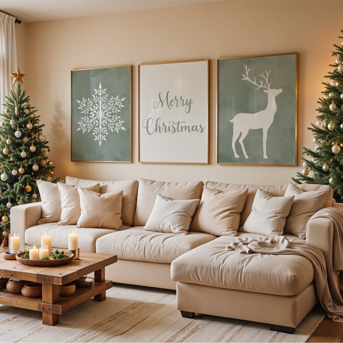 Christmas Art Set with Snowflake, lettering and Deer – Printable Wall Art