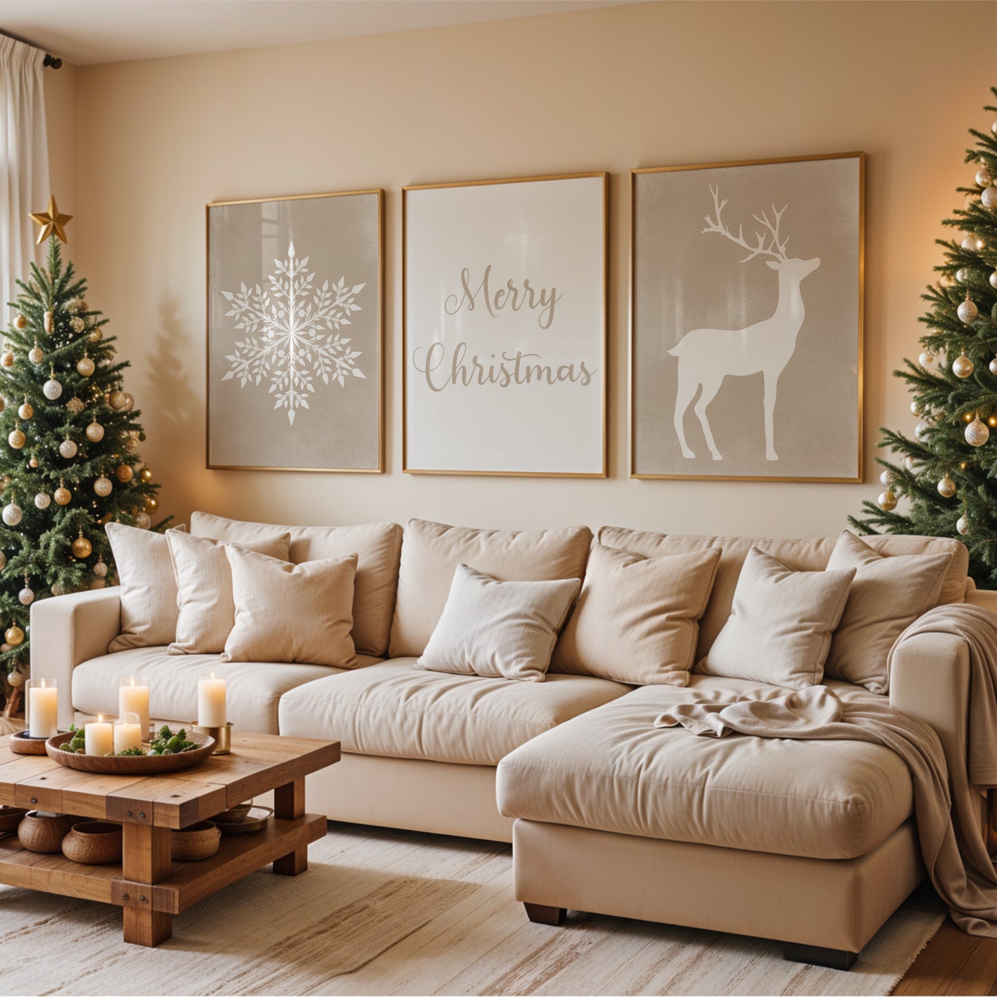 Christmas Art Set with Snowflake, lettering and Deer – Printable Wall Art