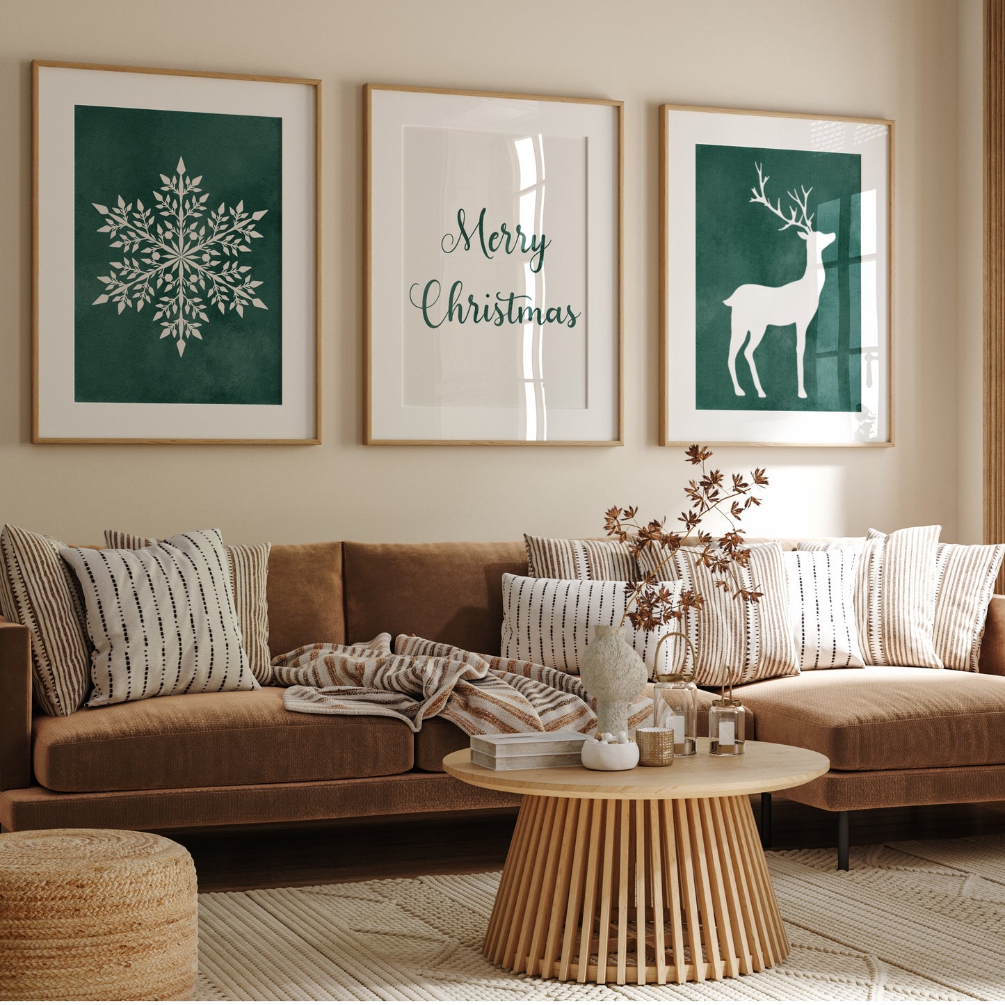 Christmas Art Set with Snowflake, lettering and Deer – Printable Wall Art