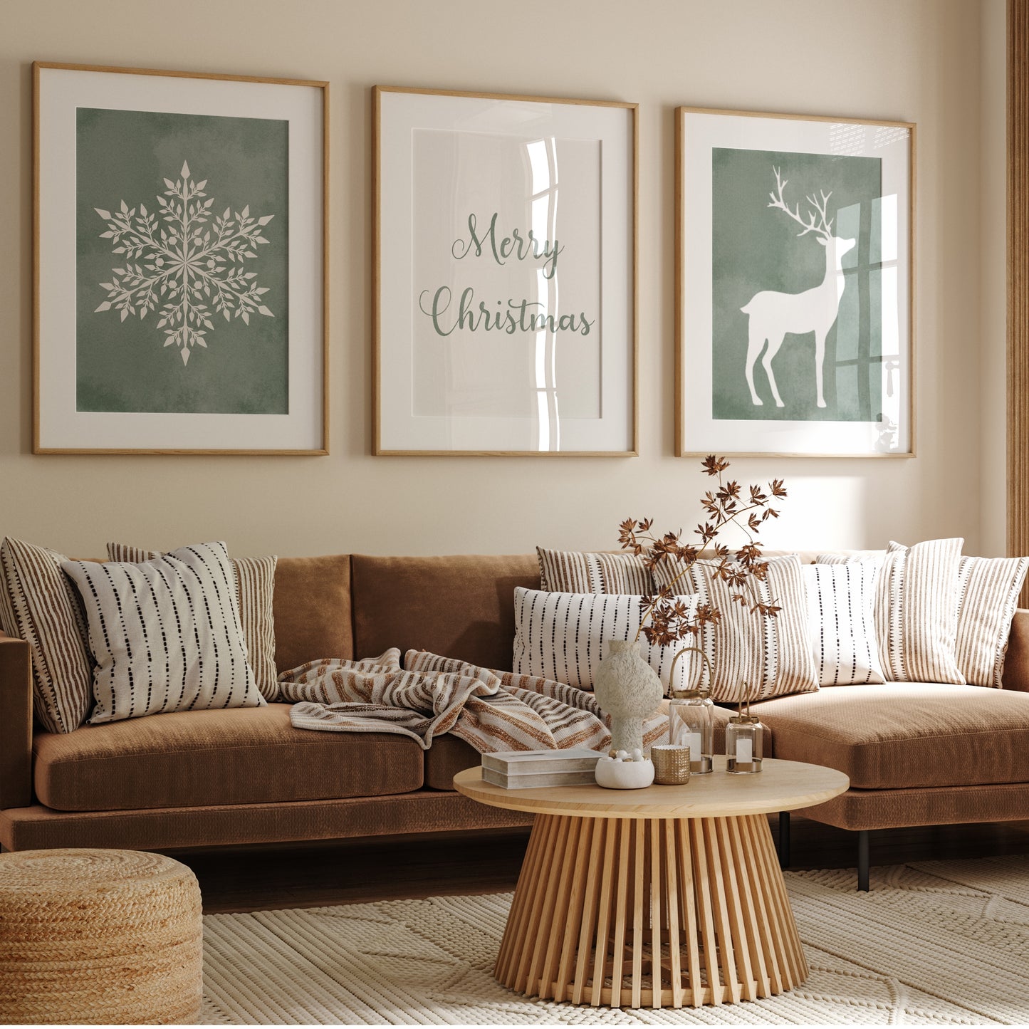 Christmas Art Set with Snowflake, lettering and Deer – Printable Wall Art