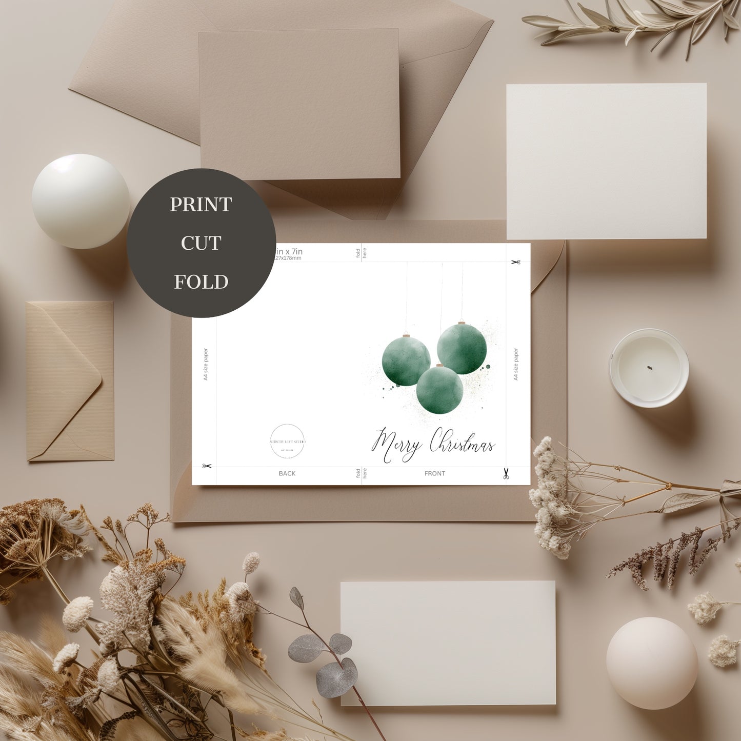 Printable Christmas Card - Ornament Watercolor Design