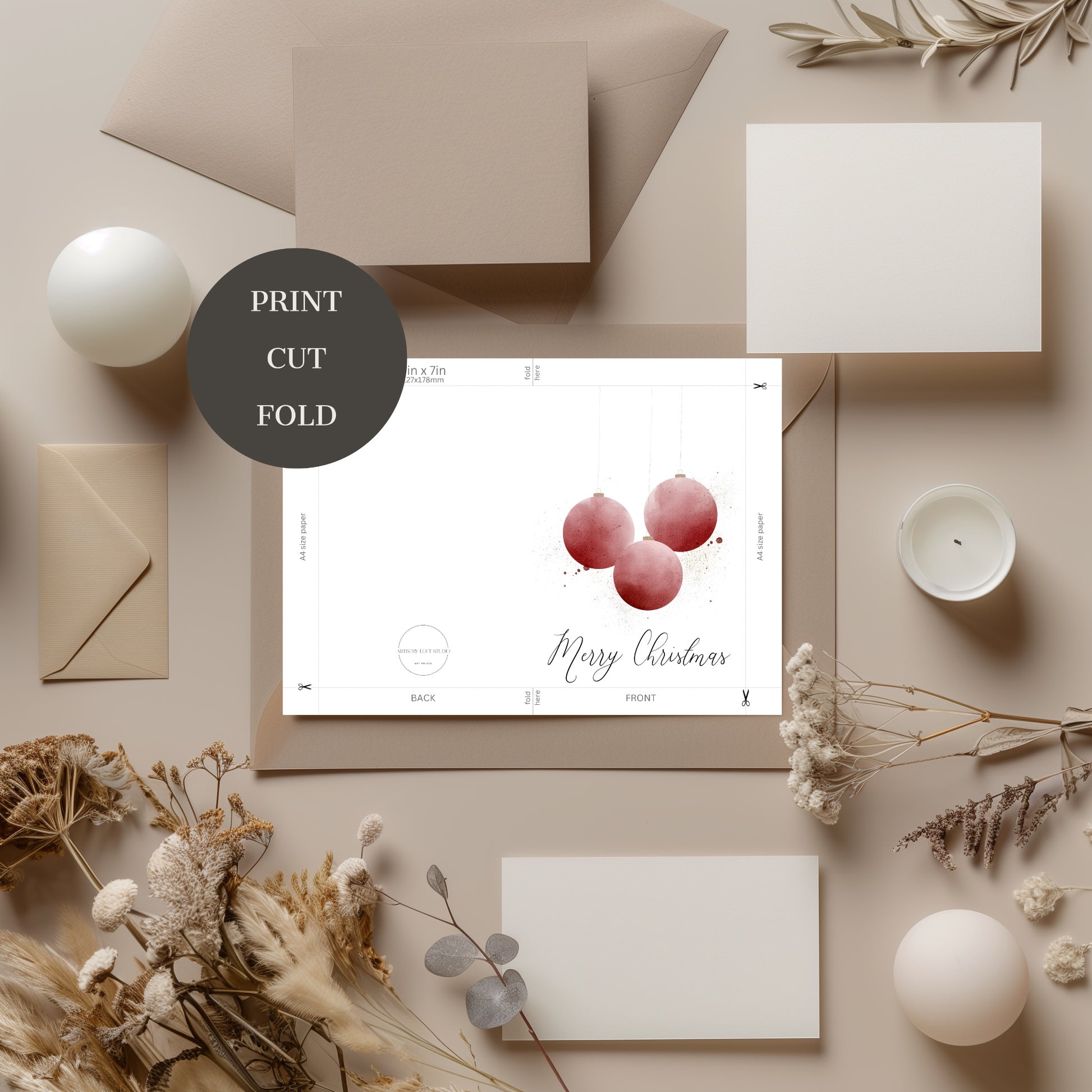 Printable Christmas Card - Red Ornament Watercolor Design
